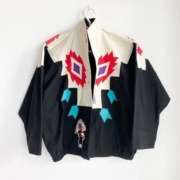 Vintage  Colourful Southwestern Print Batwing Sleeve Cotton Patchwork Jacket XL - Picture 2 of 7
